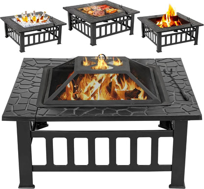 32" Square Outdoor Fire Pit with Spark Screen, Poker & Rain Cover