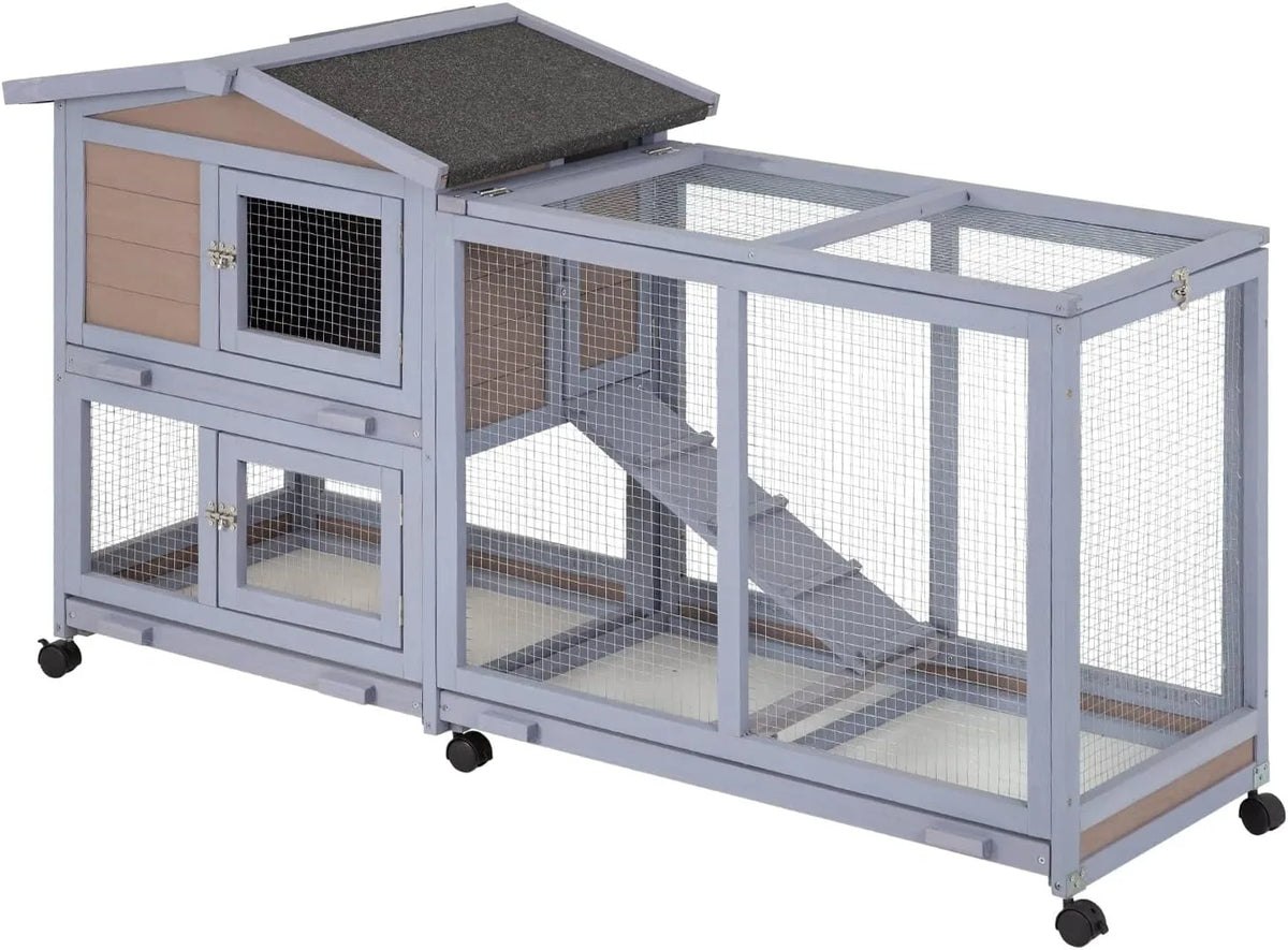 Two-Level Wooden Rabbit Hutch with Wheels & Removable Tray – Gray