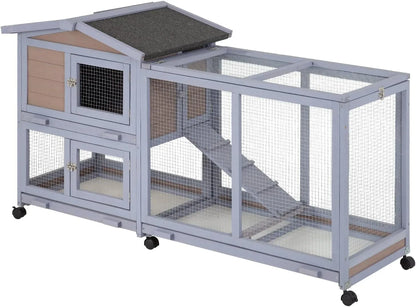 Two-Level Wooden Rabbit Hutch with Wheels & Removable Tray – Gray