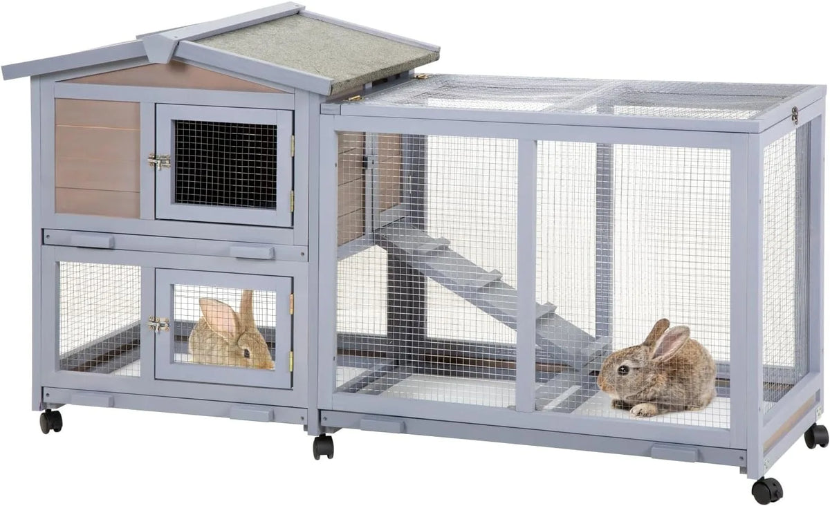 Two-Level Wooden Rabbit Hutch with 3 Trays & 6 Wheels – Gray