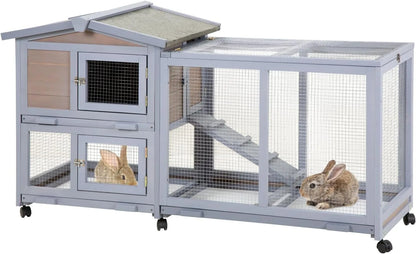 Two-Level Wooden Rabbit Hutch with 3 Trays & 6 Wheels – Gray