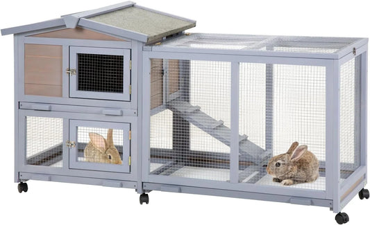 Two-Level Wooden Rabbit Hutch with 3 Trays & 6 Wheels – Gray