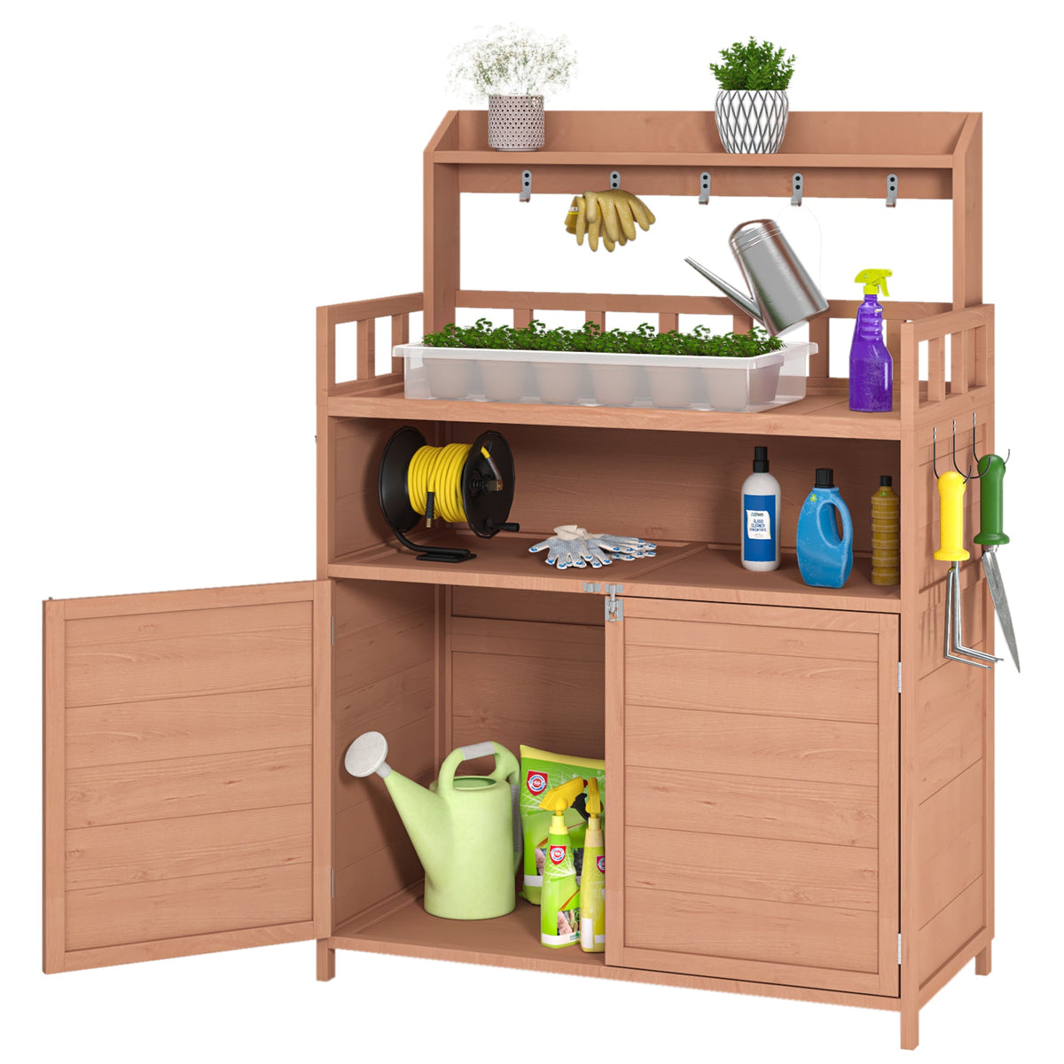 39-Inch Solid Fir Wood Potting Bench with Storage Cabinet & Top Shelf
