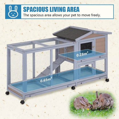 Two-Level Wooden Rabbit Hutch with Wheels & Removable Tray – Gray