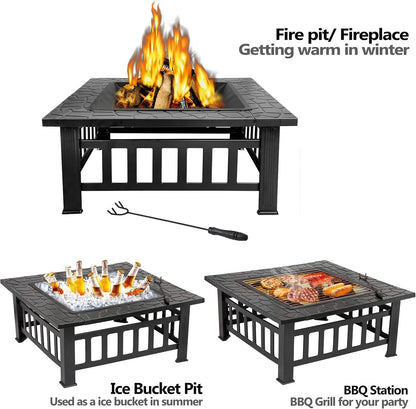 32" Square Outdoor Fire Pit with Spark Screen, Poker & Rain Cover