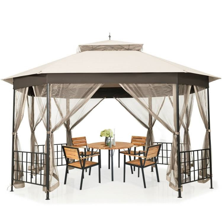 12 × 10 ft Octagonal Gazebo with Beige Canopy & Mesh Sidewalls