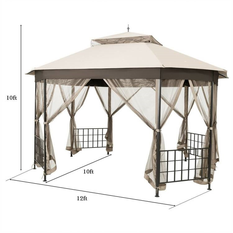 12 × 10 ft Octagonal Gazebo with Beige Canopy & Mesh Sidewalls