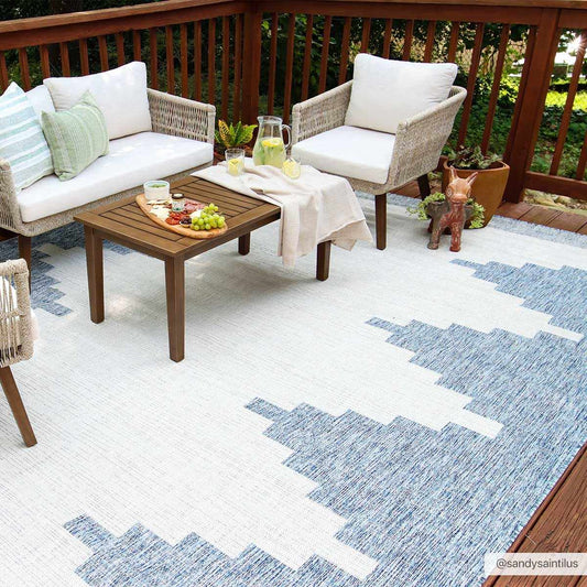 Djugun Blue Aztec Moroccan Geometric Indoor & Outdoor Rug – Flat Weave Polypropylene (Caluya Collection)