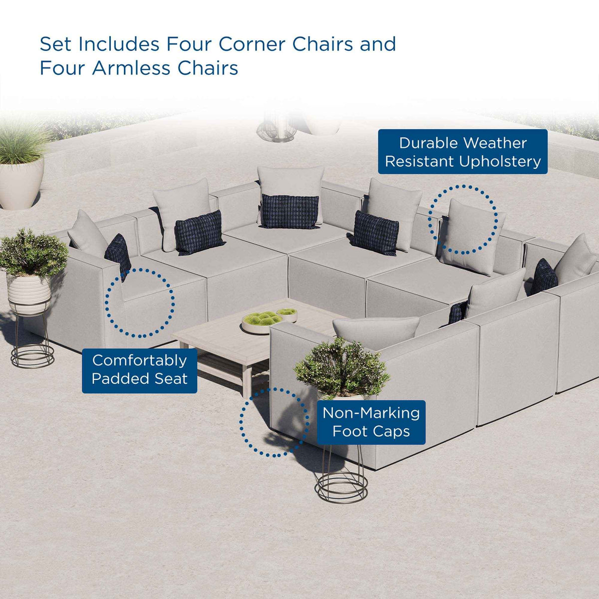 Modway Saybrook 8-Piece Outdoor Upholstered Sectional Sofa – Modular, UV-Resistant, Removable Covers, White, Gray, or Natural Navy