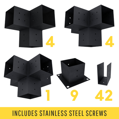 Zen Pergola DIY Freestanding Pergola Bracket Kit With Roof Rafters – 9-Post, Any Size Up to 24'x24', 4x4 or 6x6 Steel Brackets, 5-Year Warranty