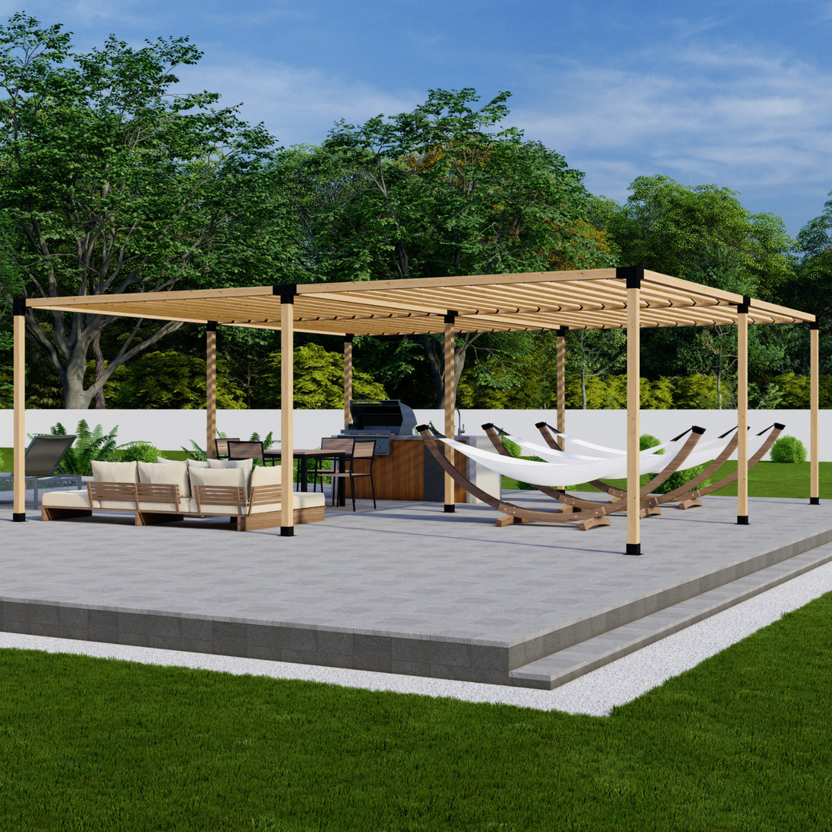 Zen Pergola DIY Freestanding Pergola Bracket Kit With Slatted Roof – 9-Post, Any Size Up to 24'x24', Straight or Angled Slats, 4x4 or 6x6 Steel Brackets, 5-Year Warranty