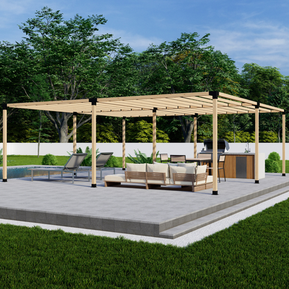 Zen Pergola DIY Freestanding Pergola Bracket Kit With Slatted Roof – 9-Post, Any Size Up to 24'x24', Straight or Angled Slats, 4x4 or 6x6 Steel Brackets, 5-Year Warranty