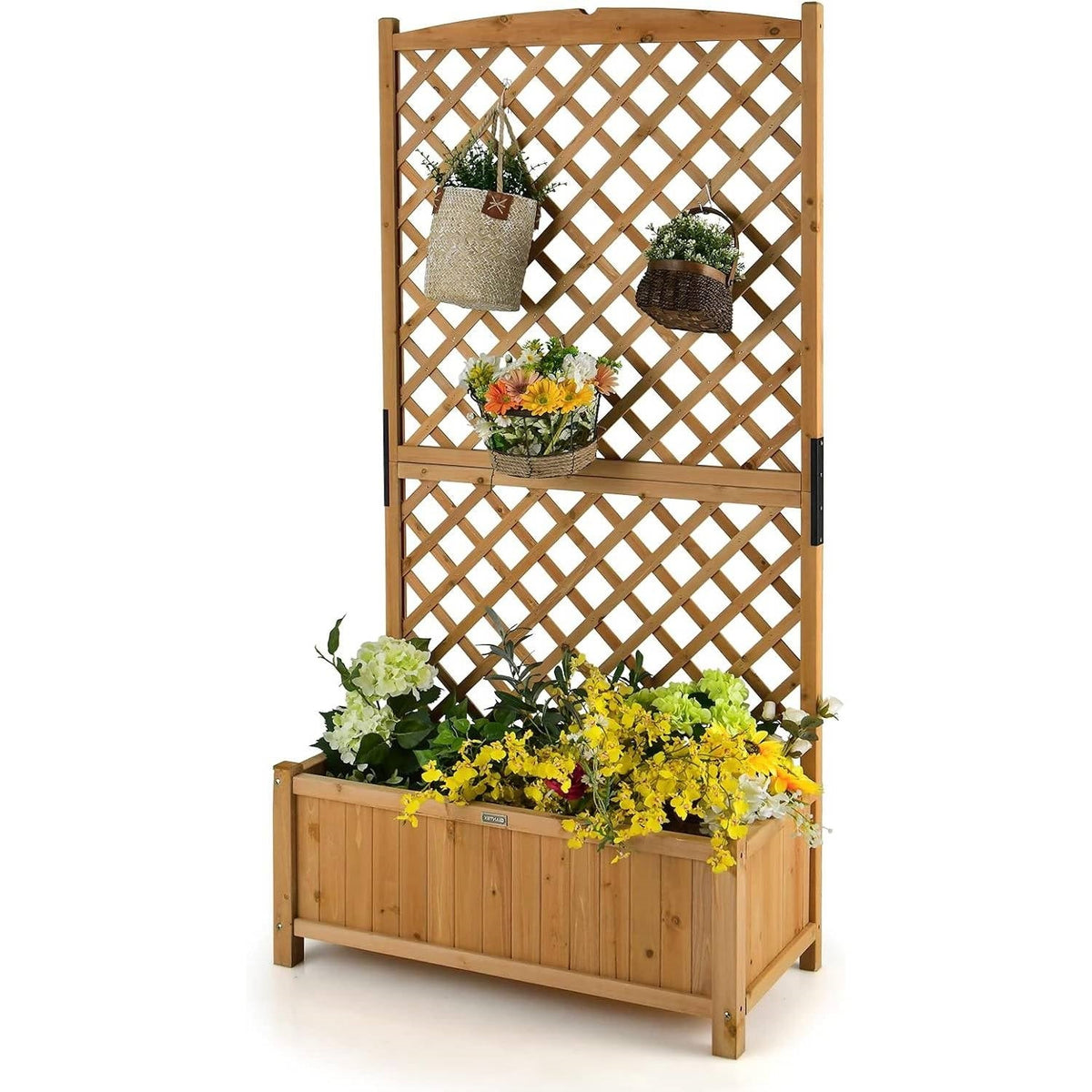 Fir Wood Raised Planter with Diamond Lattice Trellis – 71 in Tall