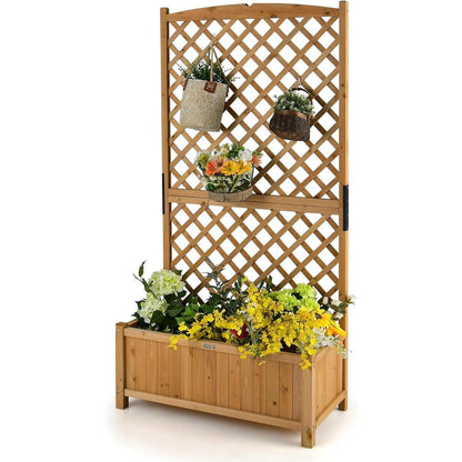 Fir Wood Raised Planter with Diamond Lattice Trellis – 71 in Tall