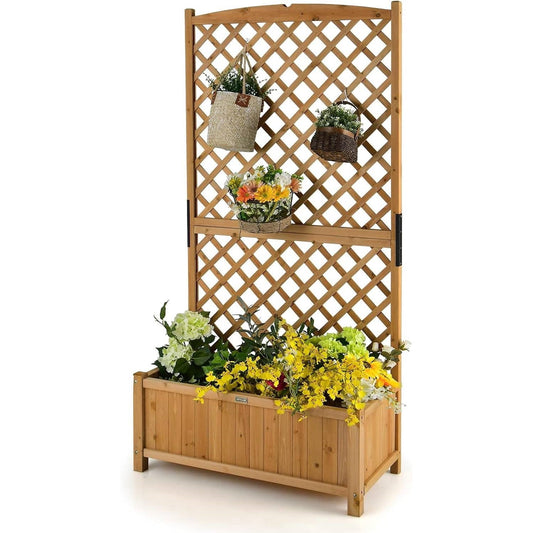 Fir Wood Raised Planter with Diamond Lattice Trellis – 71 in Tall