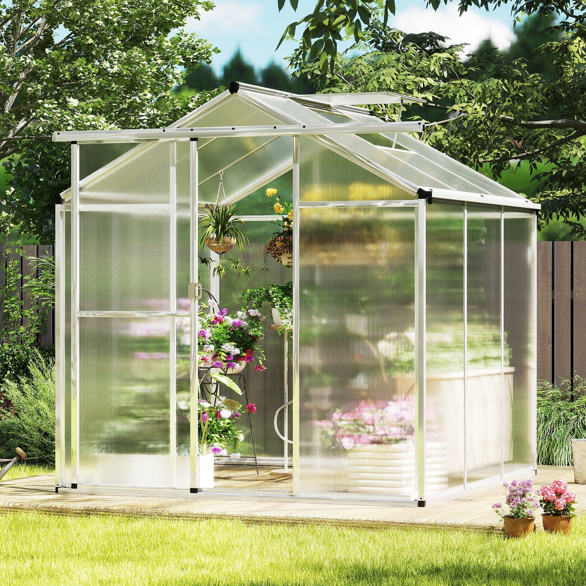 Large Walk-In Greenhouse With Rain Gutters, Polycarbonate Panels & Adjustable Roof Vent – 6 ft or 8 ft