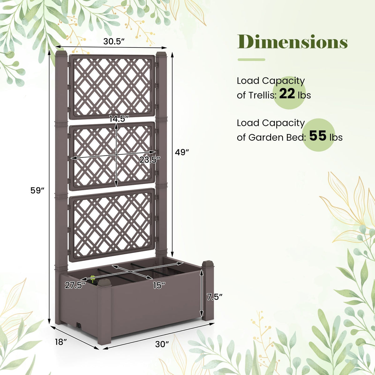 Self-Watering Raised Garden Bed Planter Box With Expandable Trellis & Water Level Indicator – 14 Gallon