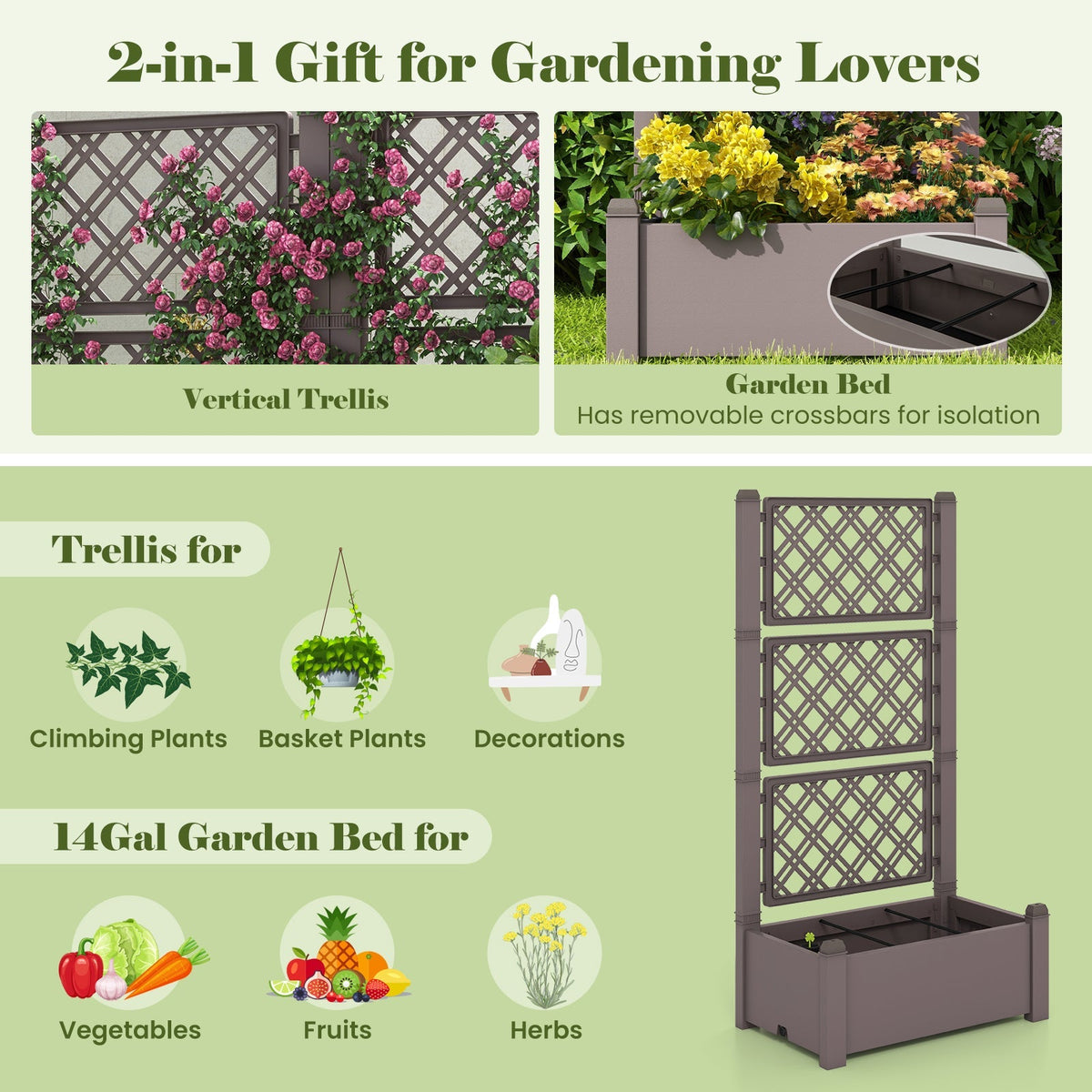 Self-Watering Raised Garden Bed Planter Box With Expandable Trellis & Water Level Indicator – 14 Gallon