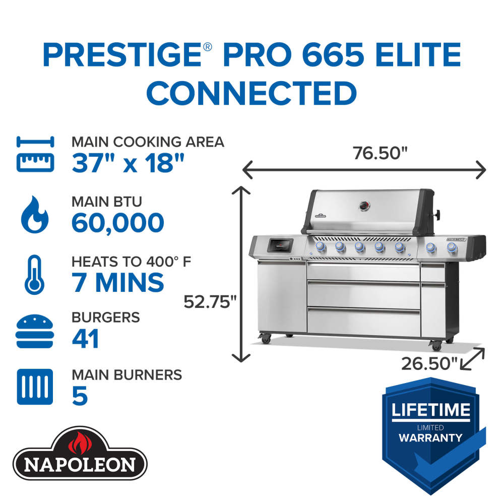 Napoleon Prestige® PRO 665 Elite 5-Burner Gas Grill With Smart Technology, Electric Smoker Box, SIZZLE ZONE® & Rotisserie Kit