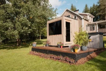 Thermasol Solaris Solar-Powered Outdoor Sauna – Tile Oak, 2–5 Person, Off-Grid, Panoramic Glass Wall, Pre-Assembled, Designed in Finland