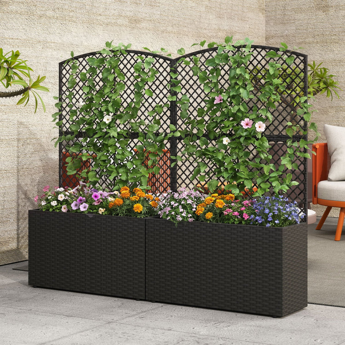 Set of 2 – 49" Raised Garden Bed With Built-In Climbing Trellis & PE Rattan Wicker Planter Box