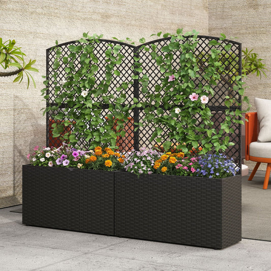 Set of 2 – 49" Raised Garden Bed With Built-In Climbing Trellis & PE Rattan Wicker Planter Box