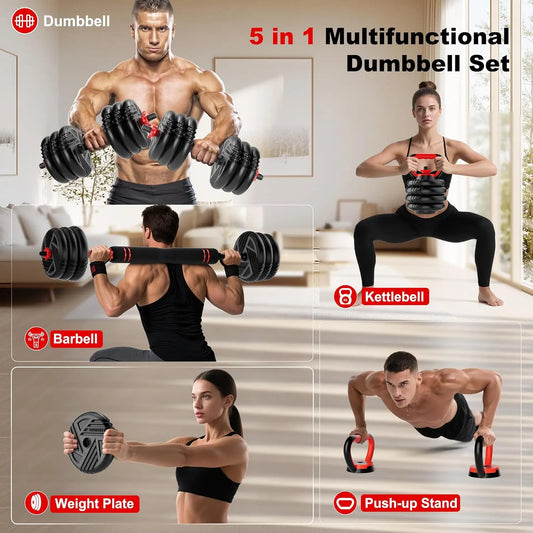 Adjustable Dumbbell Set with Barbell & Kettlebell Configurations