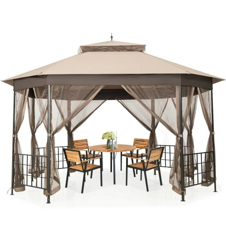 12 × 10 ft Octagonal Gazebo with Double-Tier Canopy & Mesh Sidewalls