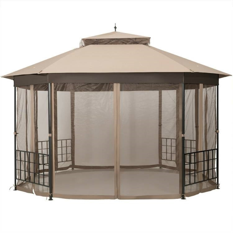 12 × 10 ft Octagonal Gazebo with Double-Tier Canopy & Mesh Sidewalls
