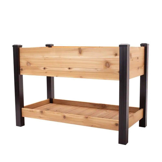 2x4 ft Waist-High Cedar Wood Raised Garden Bed With Black Vinyl Legs & Built-In Storage Shelf