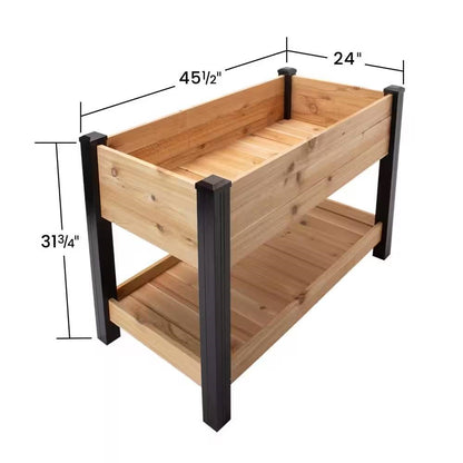 2x4 ft Waist-High Cedar Wood Raised Garden Bed With Black Vinyl Legs & Built-In Storage Shelf