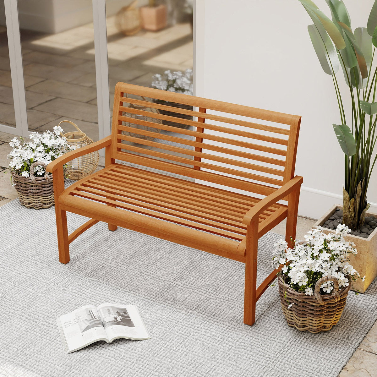 Teak Wood Outdoor Garden Bench With Slatted Backrest, Curved Armrests & 800 lb. Capacity