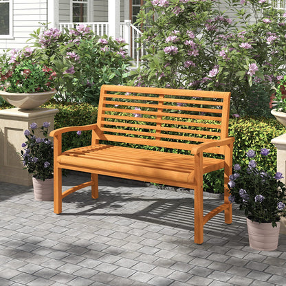 Teak Wood Outdoor Garden Bench With Slatted Backrest, Curved Armrests & 800 lb. Capacity