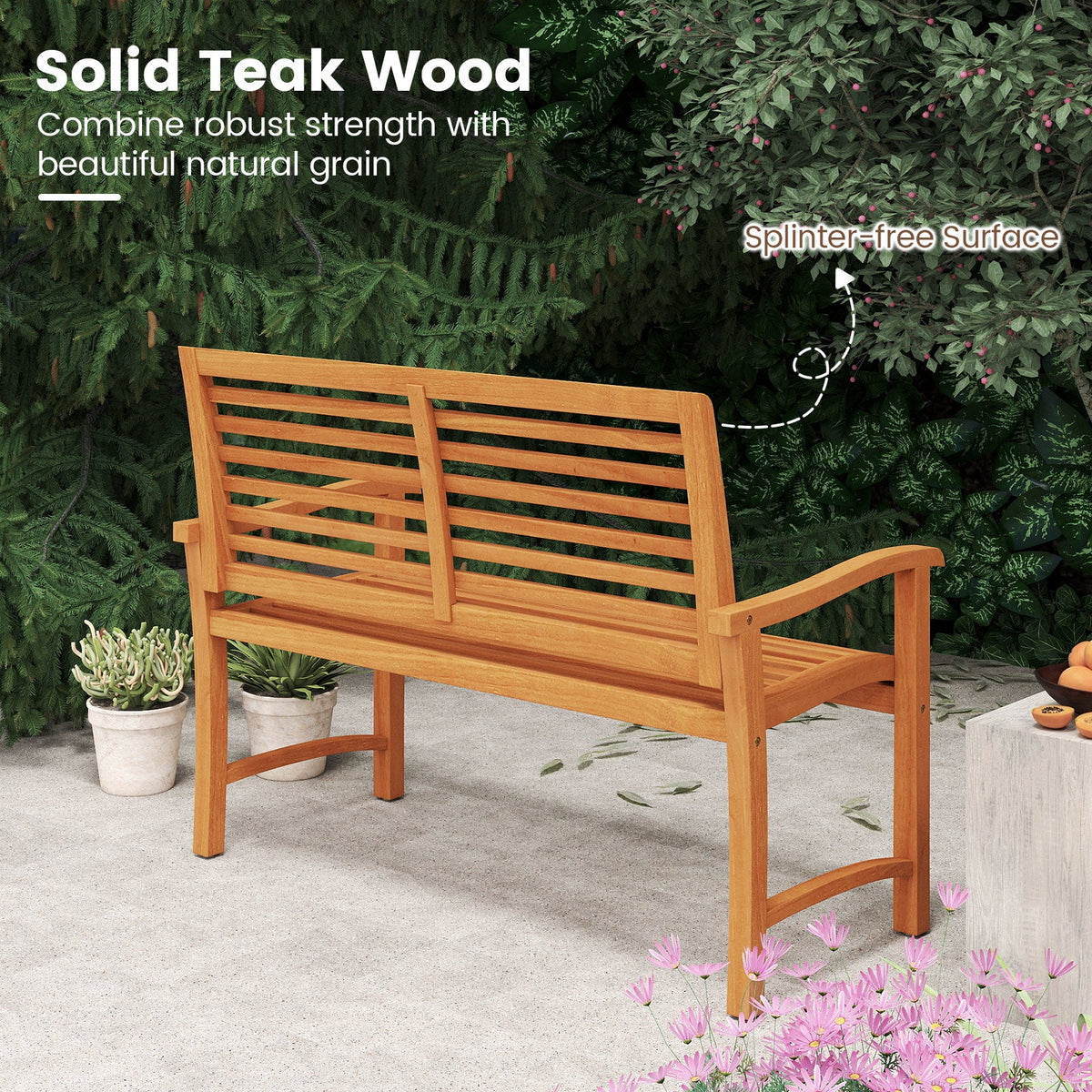 Teak Wood Outdoor Garden Bench With Slatted Backrest, Curved Armrests & 800 lb. Capacity