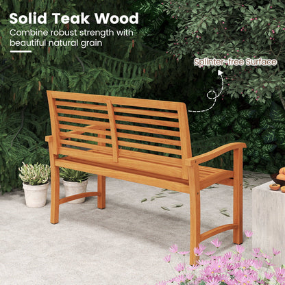 Teak Wood Outdoor Garden Bench With Slatted Backrest, Curved Armrests & 800 lb. Capacity