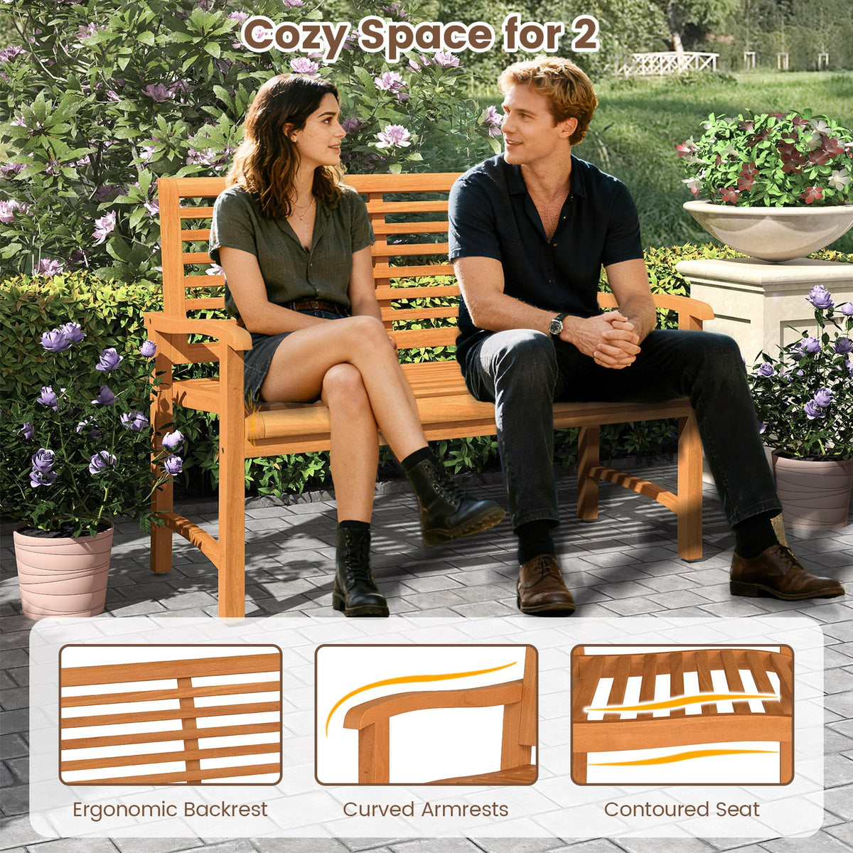 Teak Wood Outdoor Garden Bench With Slatted Backrest, Curved Armrests & 800 lb. Capacity
