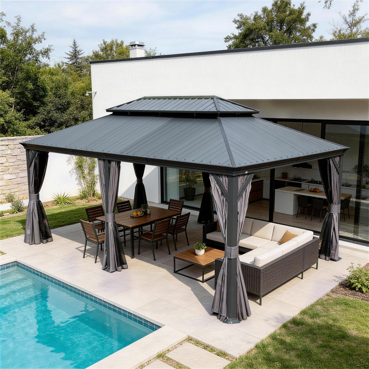 14'x22' Hardtop Gazebo With Resin Roof, Steel Frame, Drainage Gutters, Curtains & Mosquito Netting