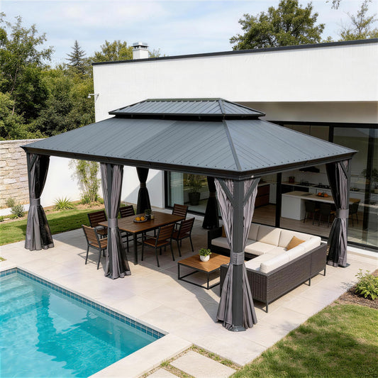 14'x22' Hardtop Gazebo With Resin Roof, Steel Frame, Drainage Gutters, Curtains & Mosquito Netting