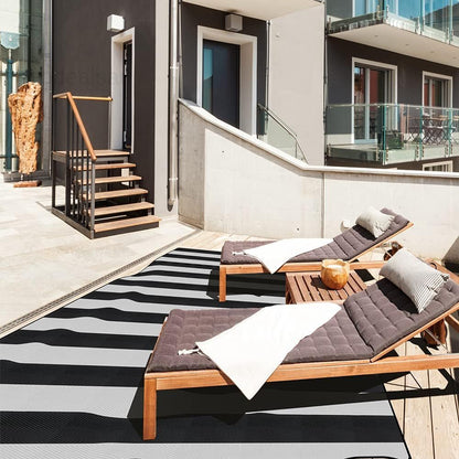 Plastic Straw Rug,9'X12' Outdoor 9' X 12', Black/White
