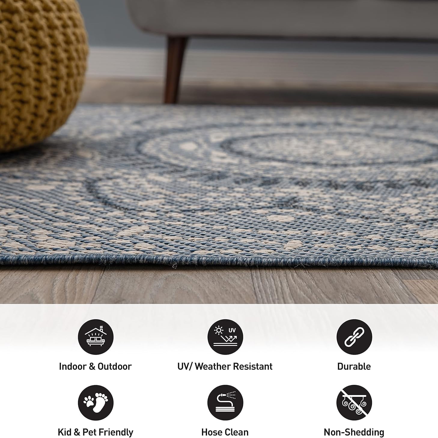 Blue Medallion Indoor/Outdoor Area Rug — Fade Resistant for Living Room, Dining Room and Office, 7'10" X 10'