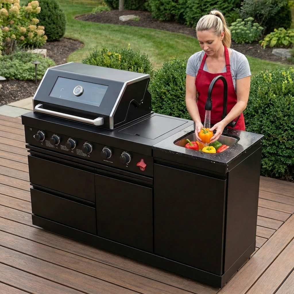 65" 4-Burner 72,000 BTU Black Outdoor Kitchen Island Grill + Round Side Burner
