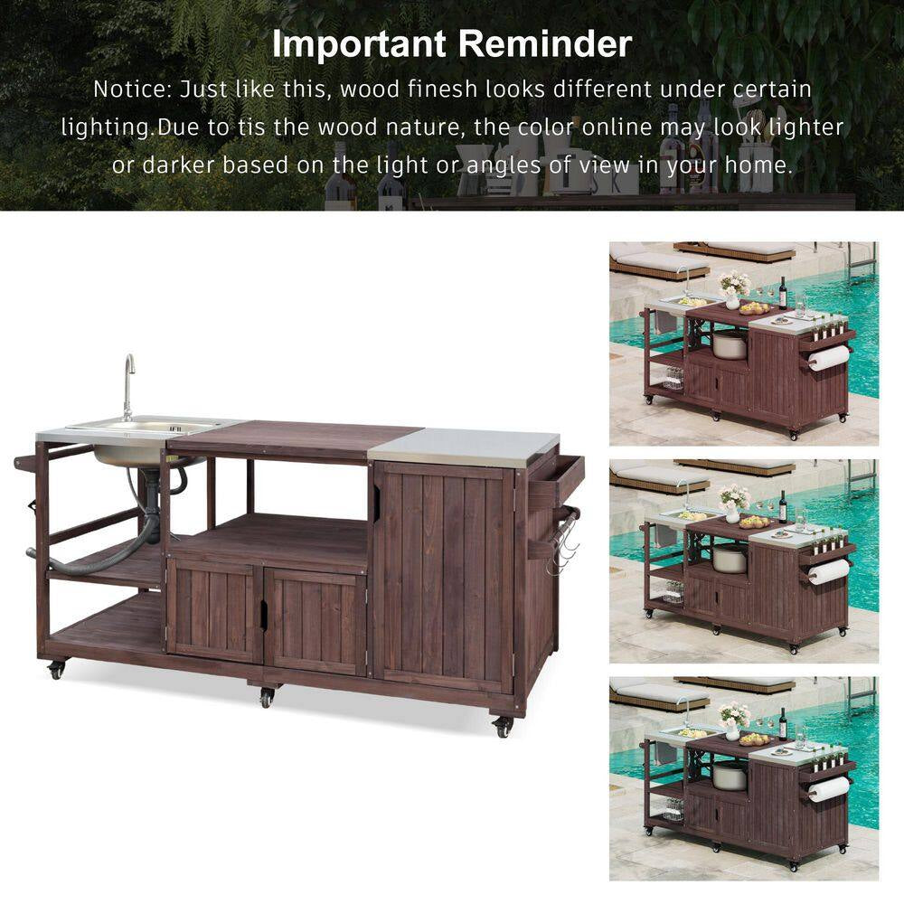 Farmhouse Dark Brown Stainless Steel 75.4 In. Rolling Kitchen Island Outdoor Bar Cart for Big Green Egg Grills with Sink