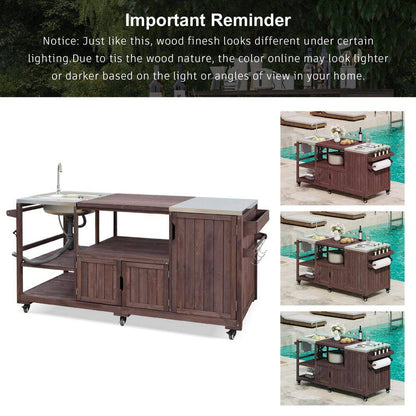 Farmhouse Dark Brown Stainless Steel 75.4 In. Rolling Kitchen Island Outdoor Bar Cart for Big Green Egg Grills with Sink