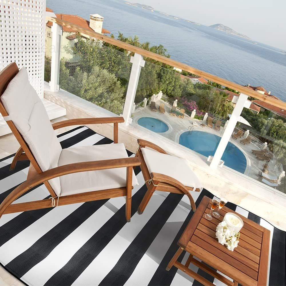 Plastic Straw Rug,9'X12' Outdoor 9' X 12', Black/White