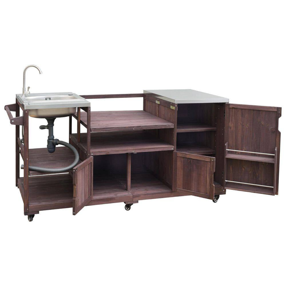 Farmhouse Dark Brown Stainless Steel 75.4 In. Rolling Kitchen Island Outdoor Bar Cart for Big Green Egg Grills with Sink