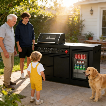 65" 4-Burner 72,000 BTU Black Outdoor Kitchen Island Grill Marble Countertops Wine Cooler