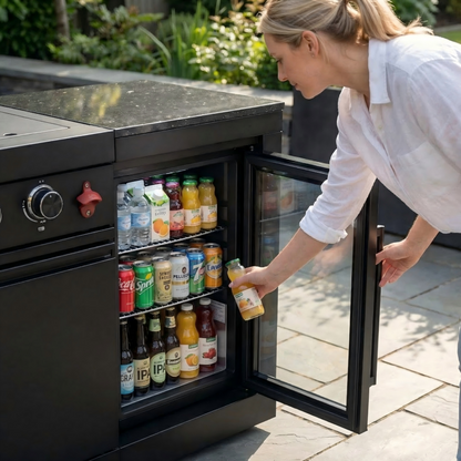85" 4-Burner 85000 BTU Black Outdoor Kitchen Island Grill with Compact Refrigerator Marble Countertops Sink