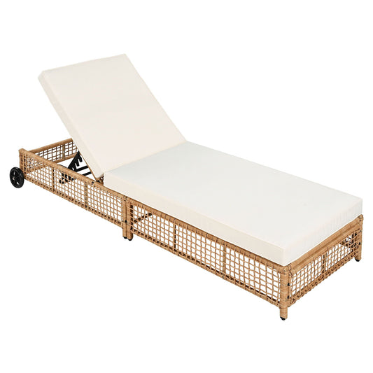 Outdoor Lounge Chair With 5-Position Adjustable Backrest, Cushion & Wheels