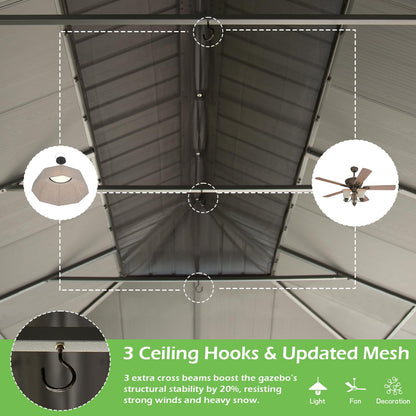 14'x20' Hardtop Gazebo With Durable Resin Roof, Drainage Gutters, Curtains & Mosquito Netting