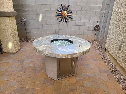 Bahama Round Outdoor Fire Table – 35,000 BTU Dining Height With Tri-Fuel Flexibility (LP, NG & Wood)